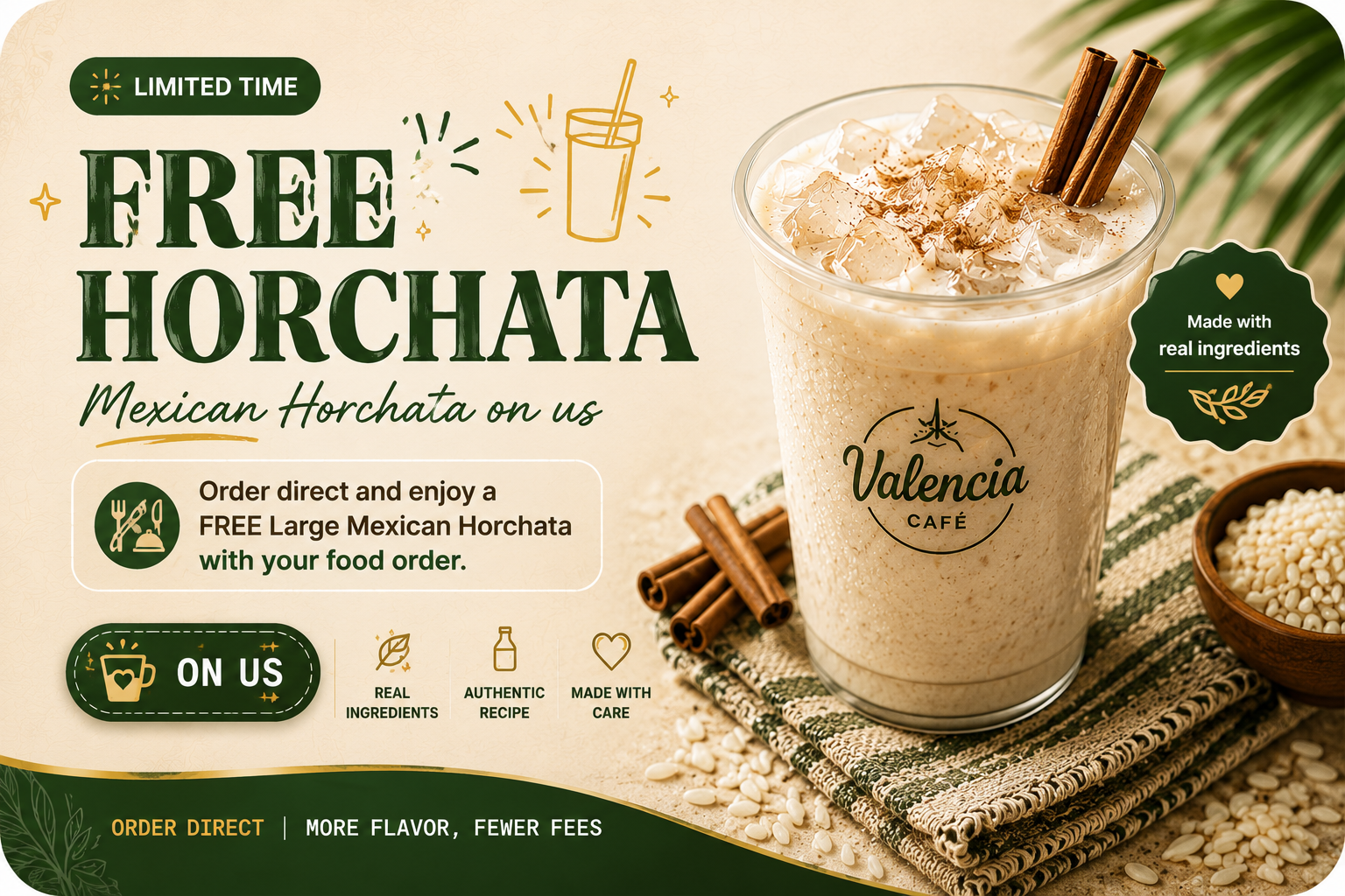 Free large Mexican horchata with your food order